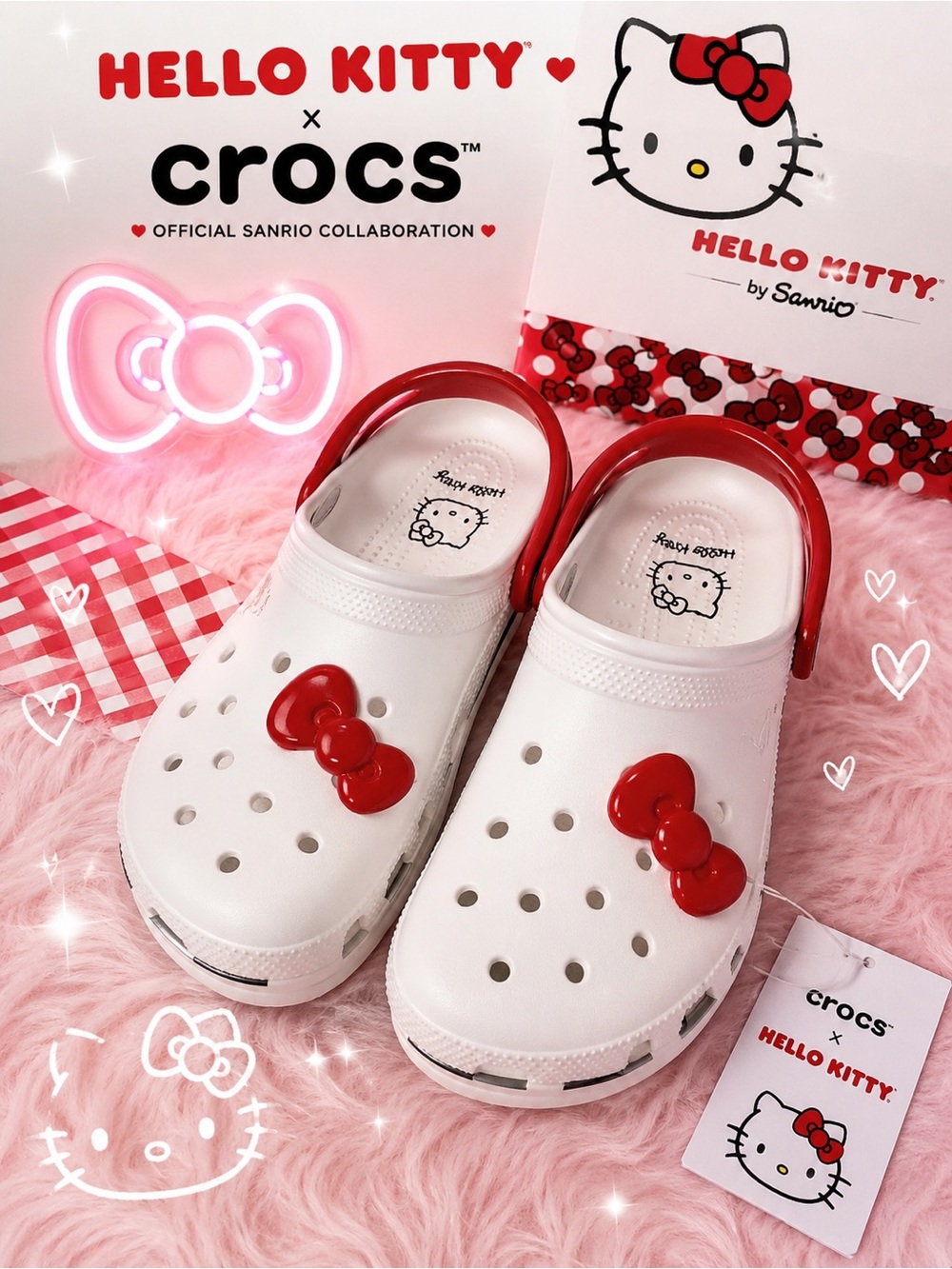 Hello Kitty Sanrio White Crocs Sandals Red Bow woman’s Size 12 NEW